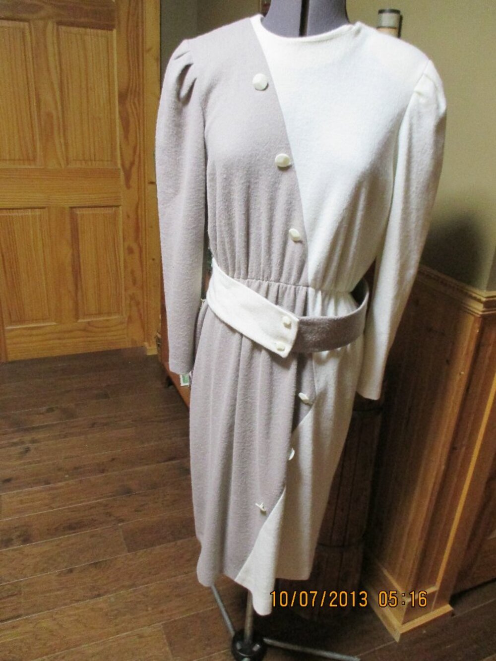 vtg Ellen Hart acrylic rabbit fur dress belted tan and beige deco button front